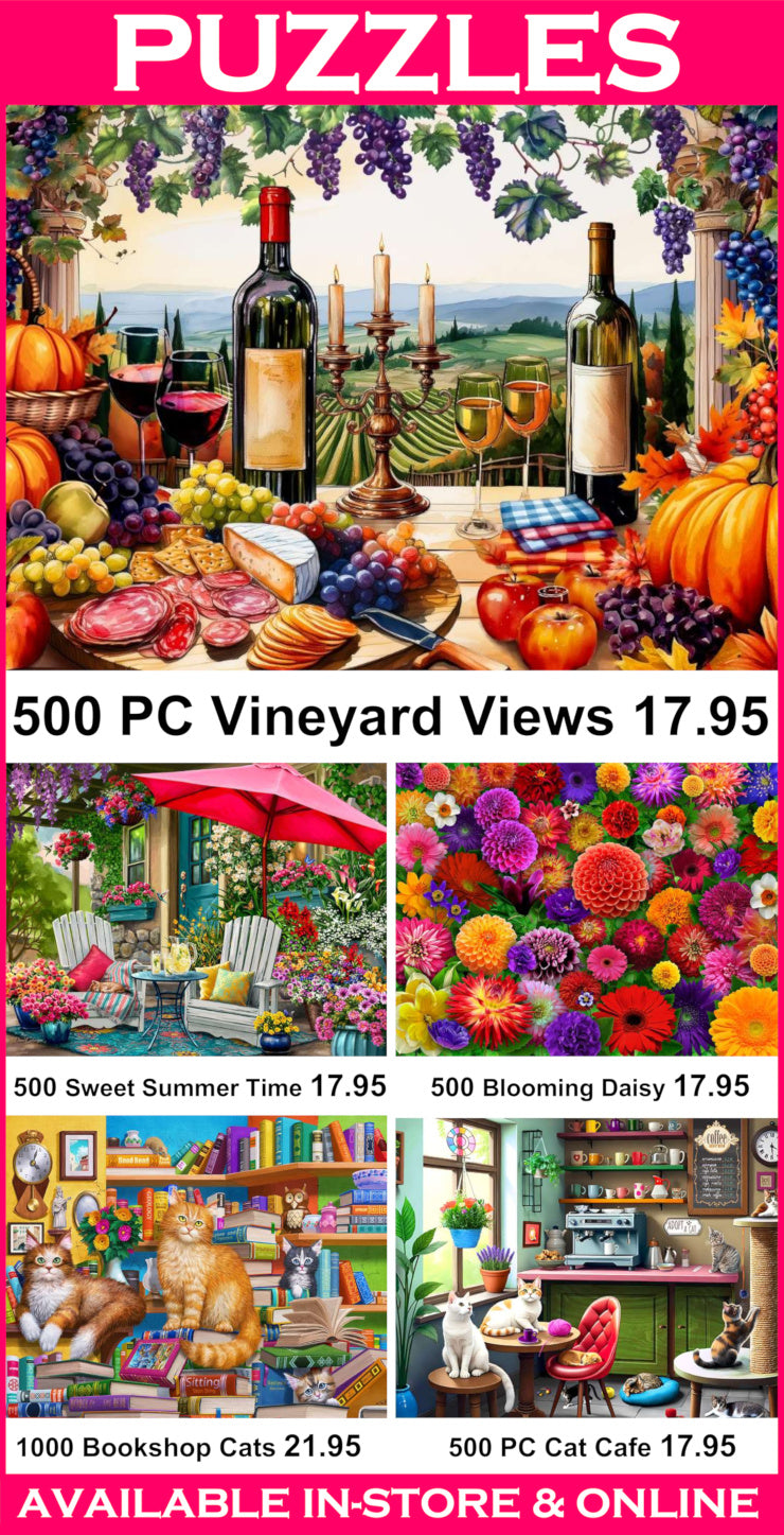 Promotional image of various jigsaw puzzles with scenic and themed designs, including a vineyard and floral scenes.