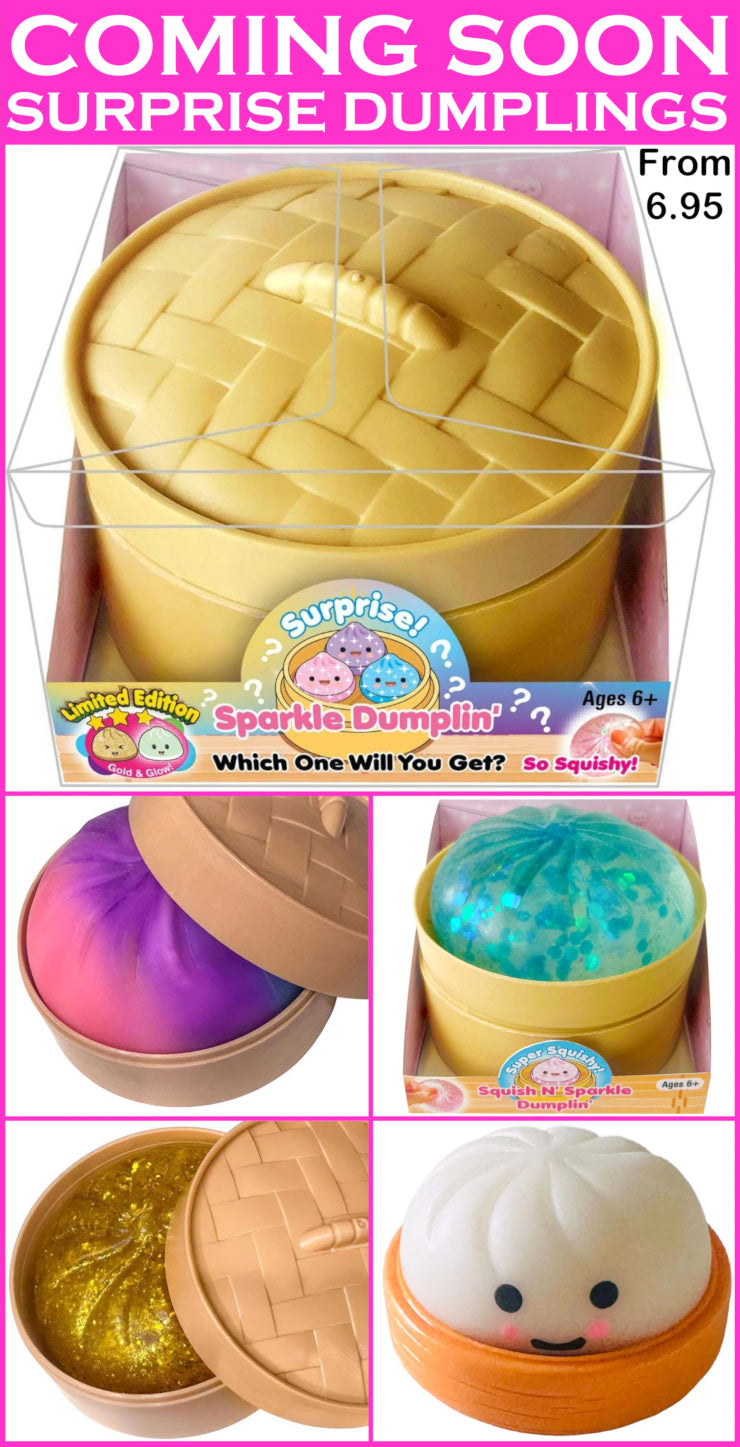 Promotional image of a 'Surprise Dumplings' product with packaging and dumpling toys inside.