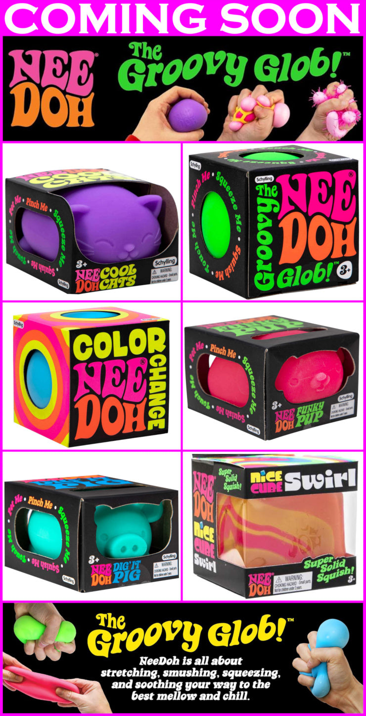 Promotional image of colorful 'Nee Doh' toys with packaging and text indicating 'Coming Soon'.