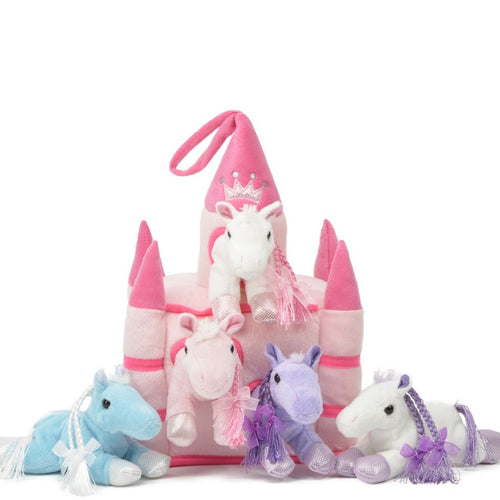 Set of plush unicorns with a pink castle on a white background